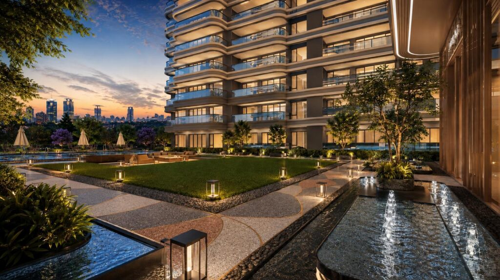 Landscaped garden with a water feature at Riverside Azure