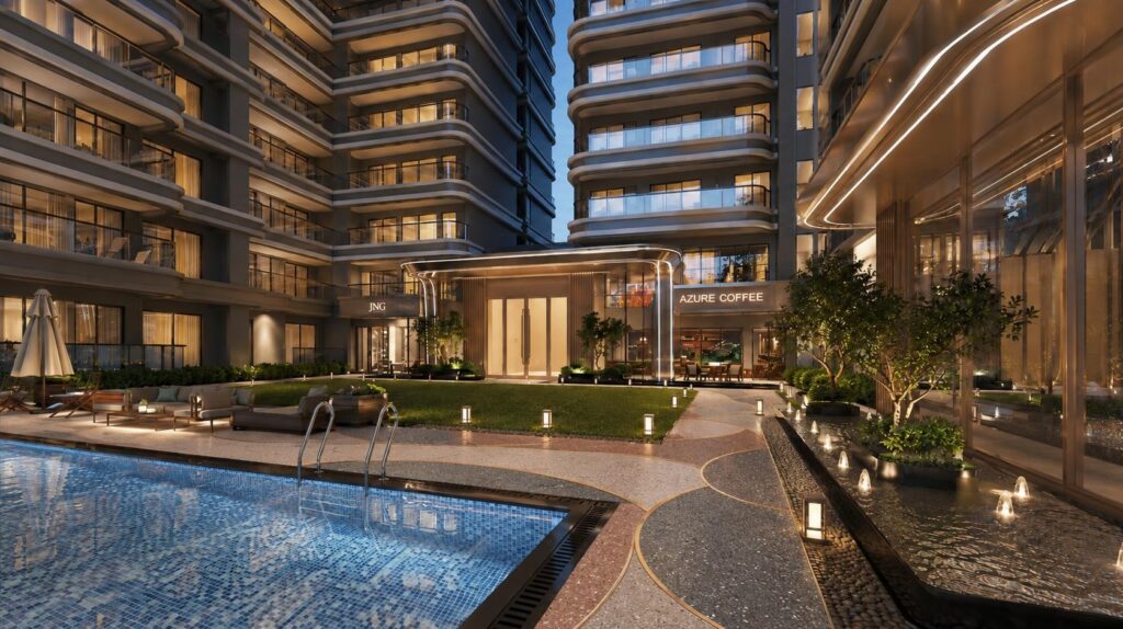Swimming pool and cafe seating area shared by Riverside Azure residents