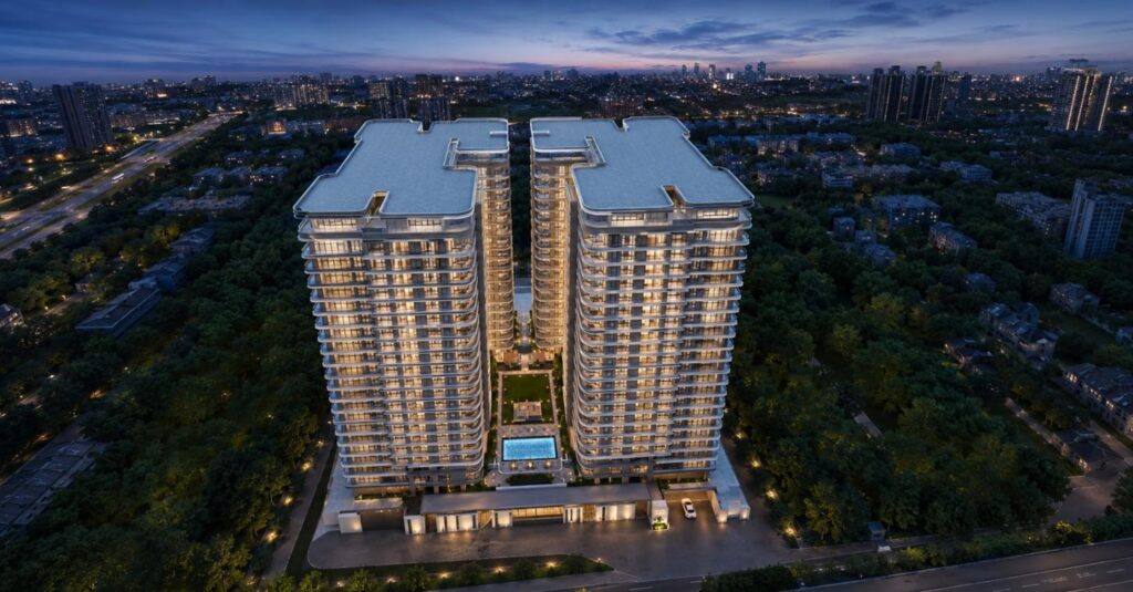 Aerial night view of the Riverside Azure development lit up