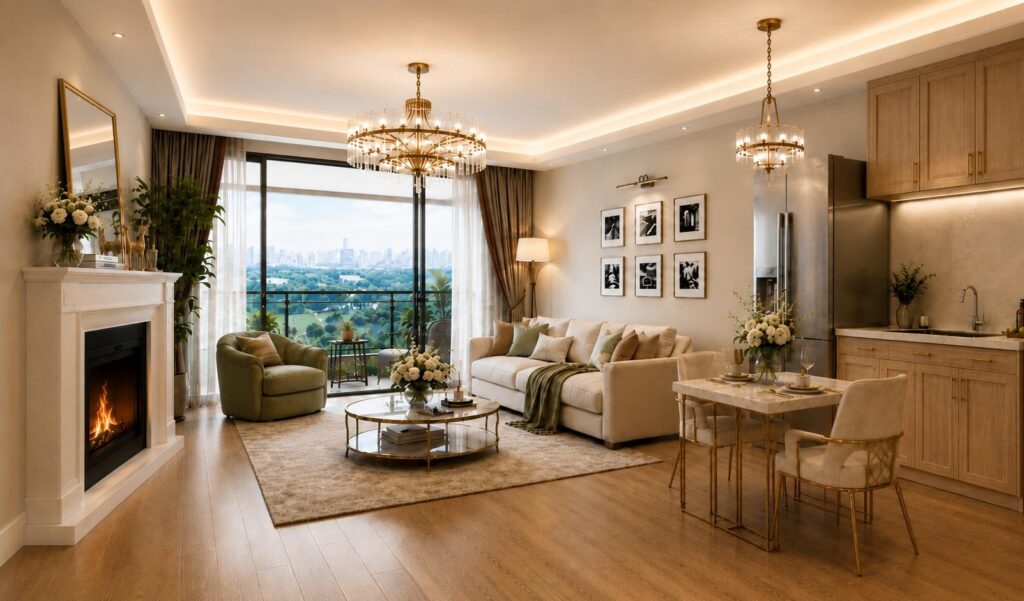 Bright living room with large windows in a Type A unit at Riverside Azure